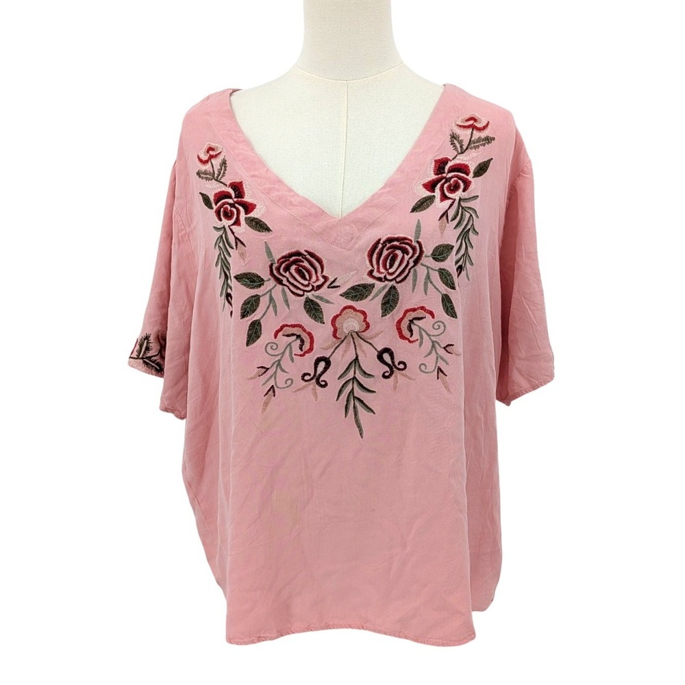 Pink Embroidered Floral Rayon Tunic Top Boho Relaxed Fit Size 1X